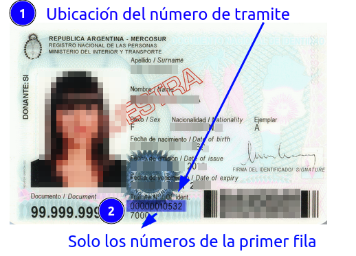 imagen de un documento nacional de identidad en la cual se muestra donde esta el número de tramite. El número de tramite se encuentra abajo en el centro del frente del documento nacional de identidad, justo a la izquierda del único codigo de barras que hay. Figuran dos numeros, uno largo en la primer fila y otro corto. Hay que usar solamente el número largo de la primer fila.